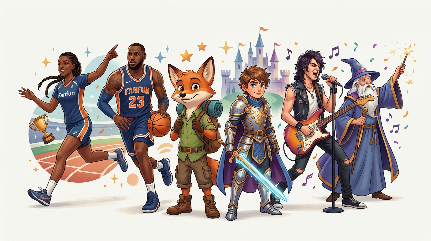 A variety of AI persona avatars including sports stars and cartoon characters representing the Fanfun library.