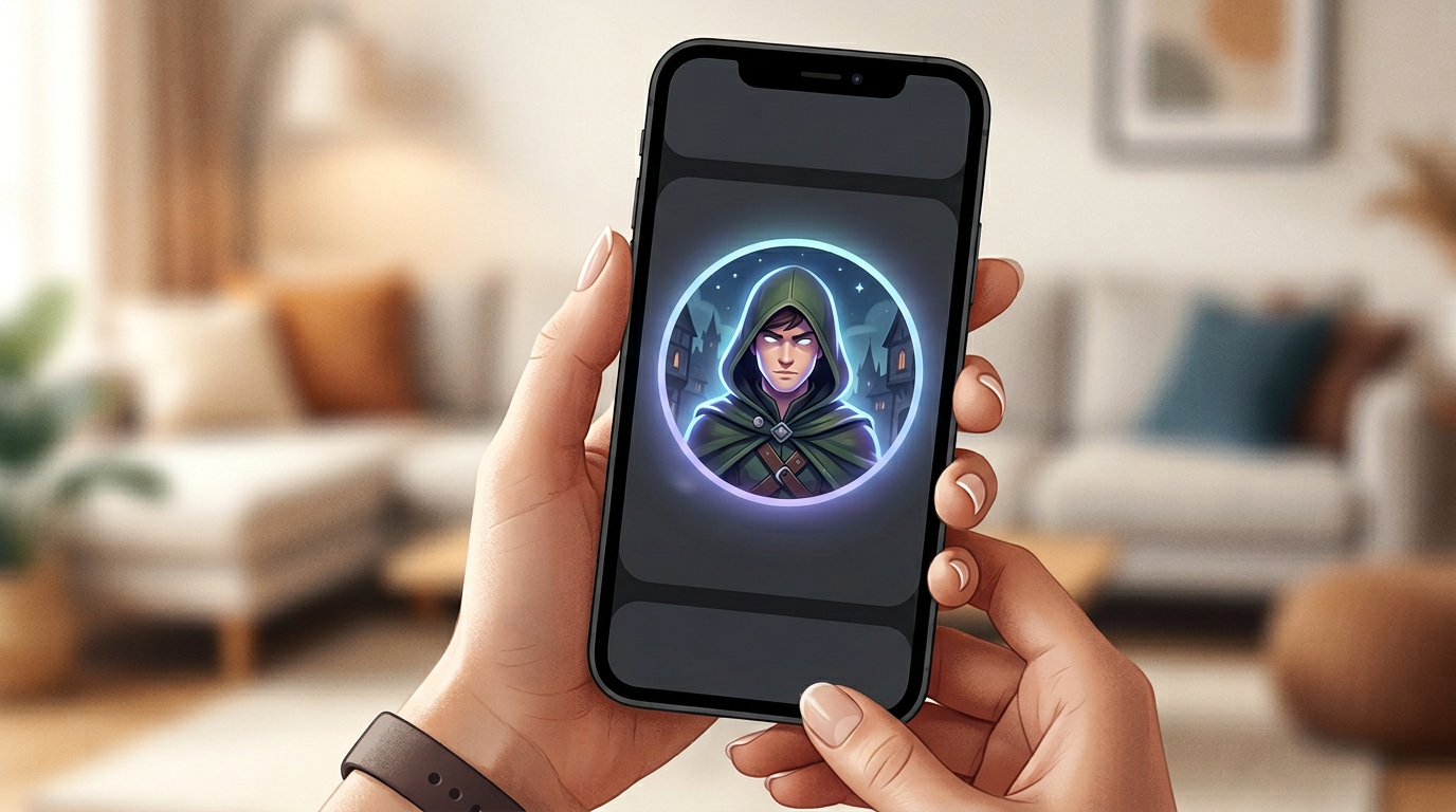 A smartphone displaying an AI character interface as a tool for modern content creation.