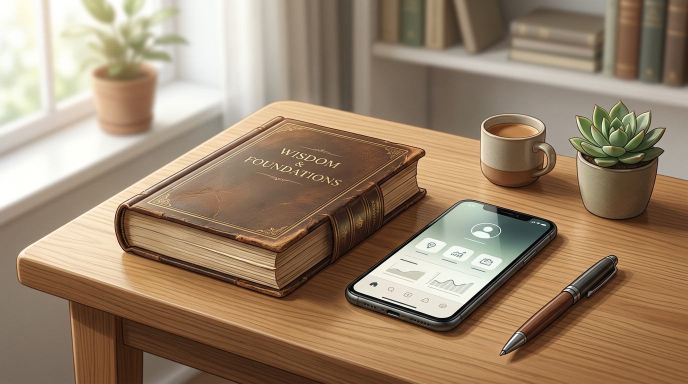 A desk with a classic book and a smartphone, representing the intersection of traditional mentorship and AI technology.