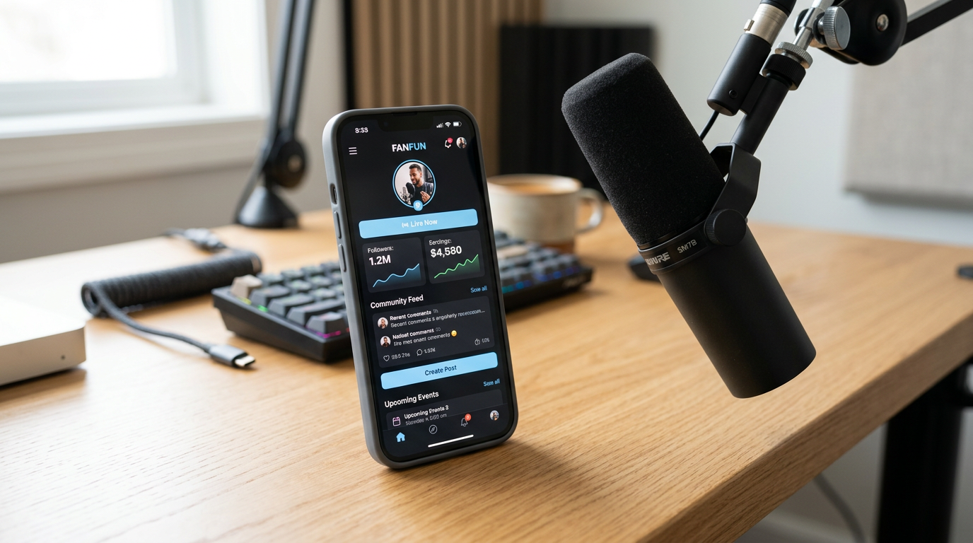 A creator's desk setup featuring a smartphone using an AI voice generator app.