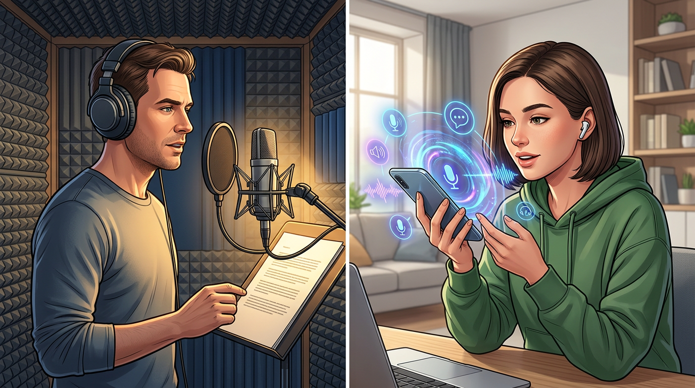 Comparison of traditional voice acting recording sessions versus modern AI voice generation tools on a smartphone.