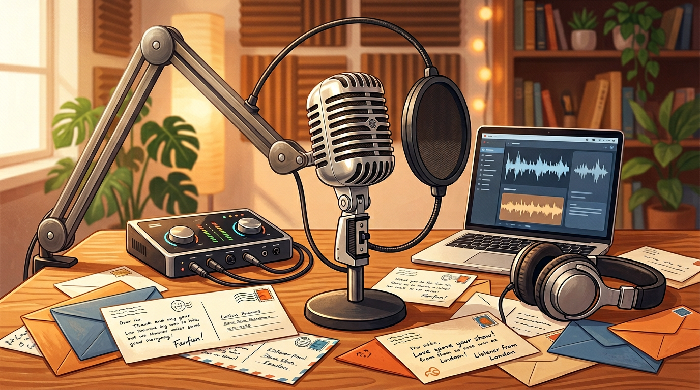 A vintage microphone surrounded by modern podcasting gear and fan mail