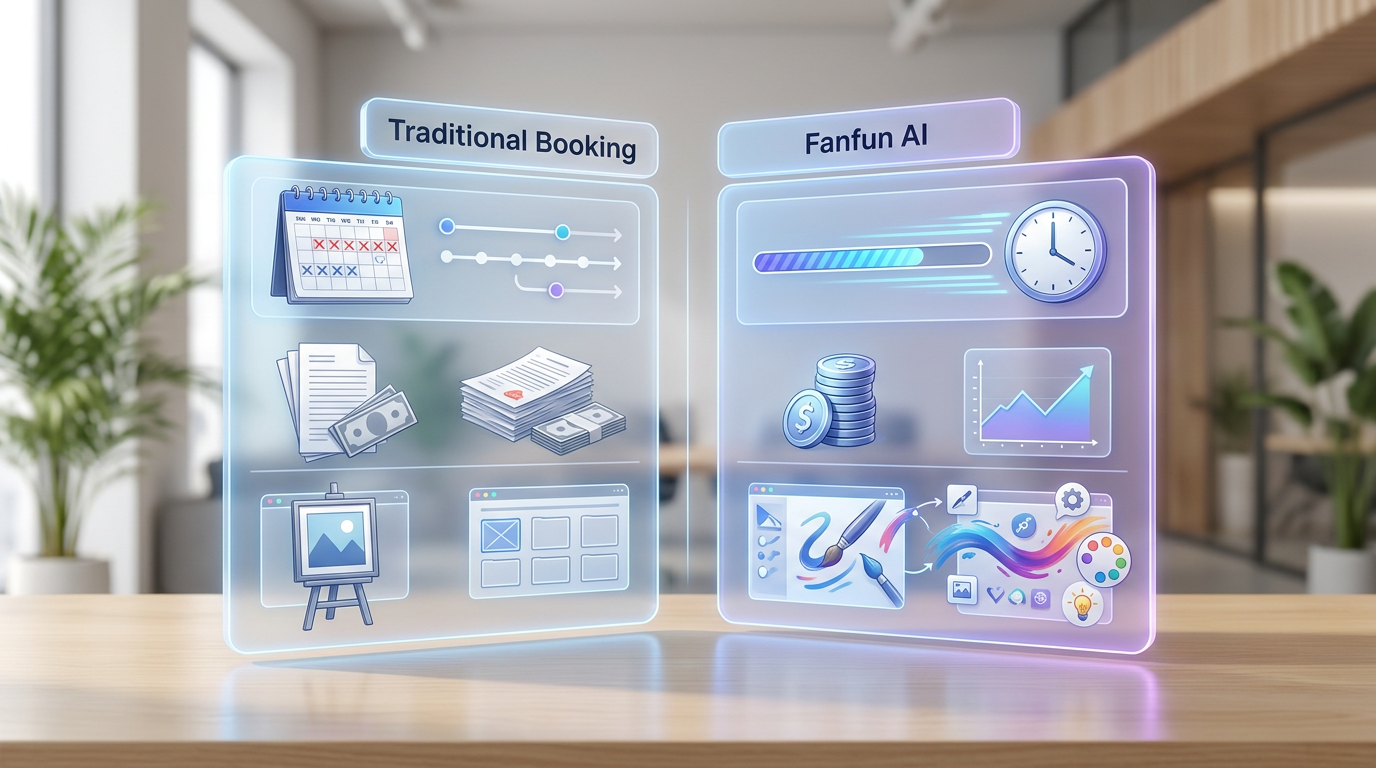 Comparison chart highlighting the speed and creative benefits of using Fanfun AI versus traditional celebrity booking.