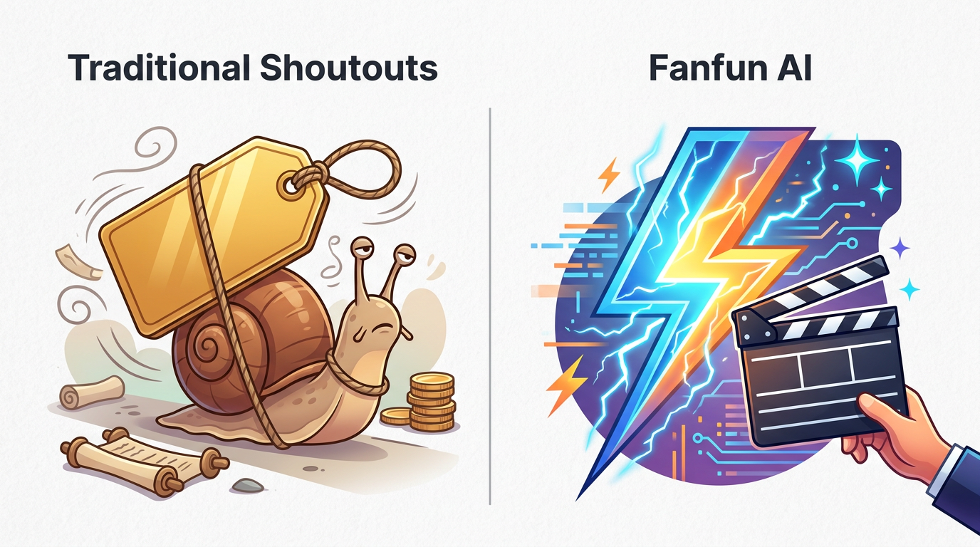 Comparison chart showing the speed, cost, and creative freedom of AI video generation versus traditional celebrity shoutouts.