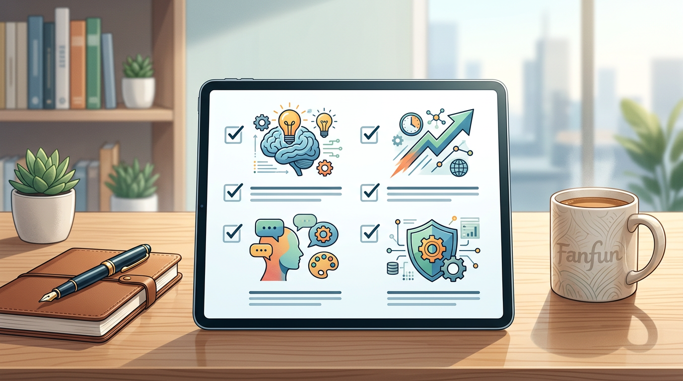 Checklist for choosing an AI content platform: Speed, Licensing, Interaction, and Variety.