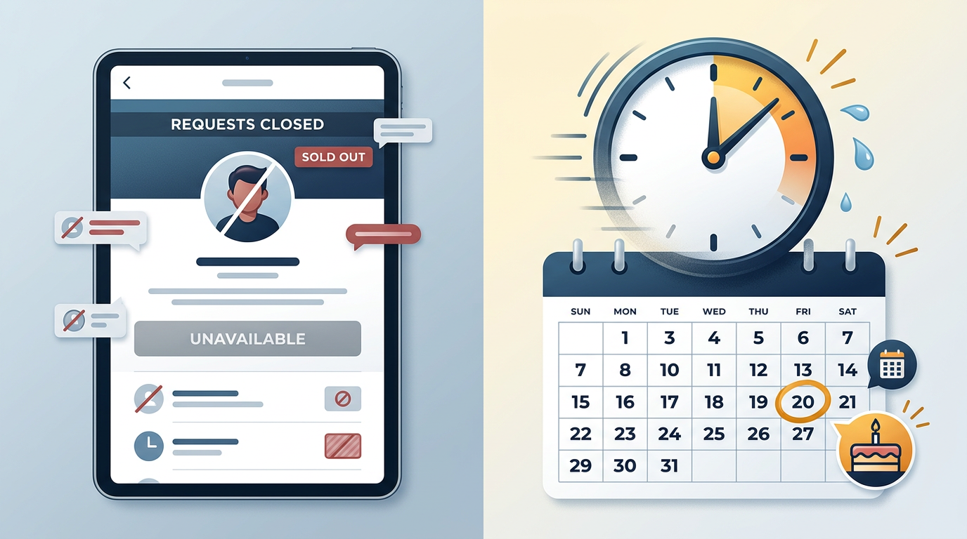 Split screen showing a sold out booking page next to a calendar with a circled birthday date