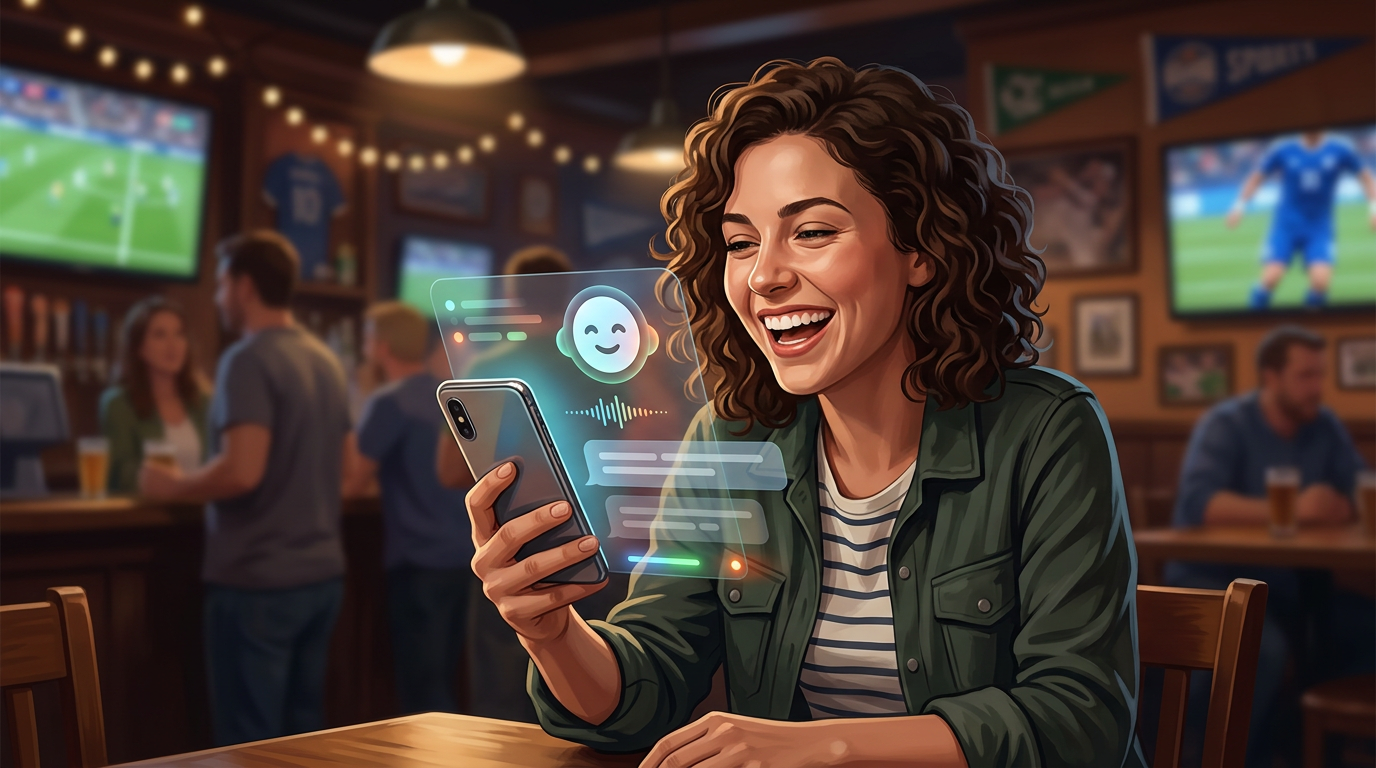 A fan enjoying an interactive, funny AI sports content experience on their smartphone.