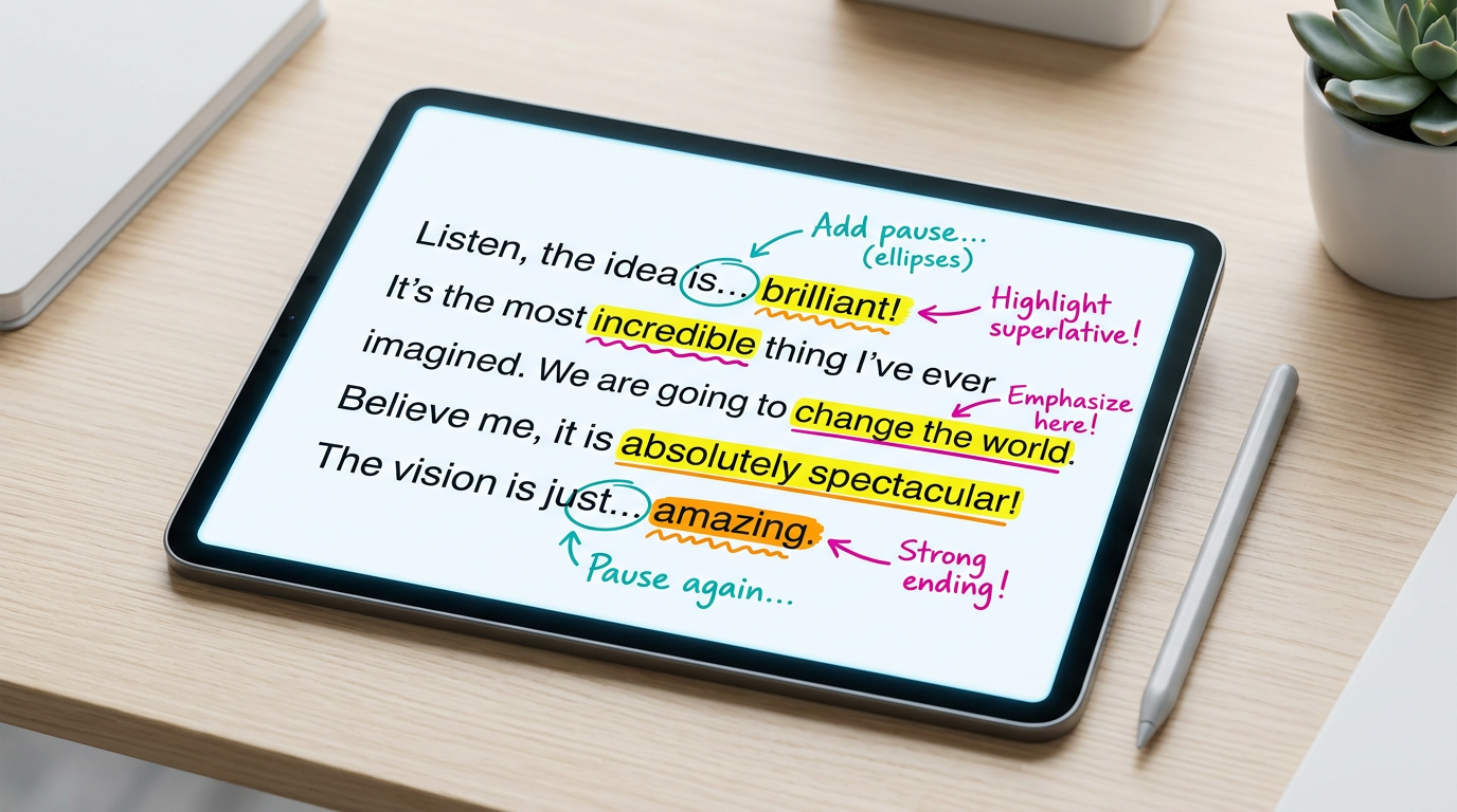 A digital script annotated with tips for pacing, pauses, and superlative vocabulary to improve AI voice generation.