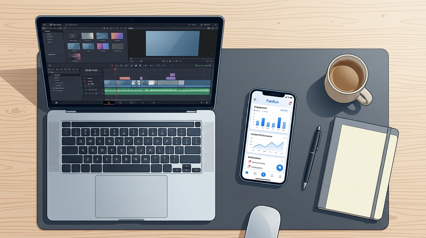 A creator's desk setup with video editing software and an AI voice tool open.