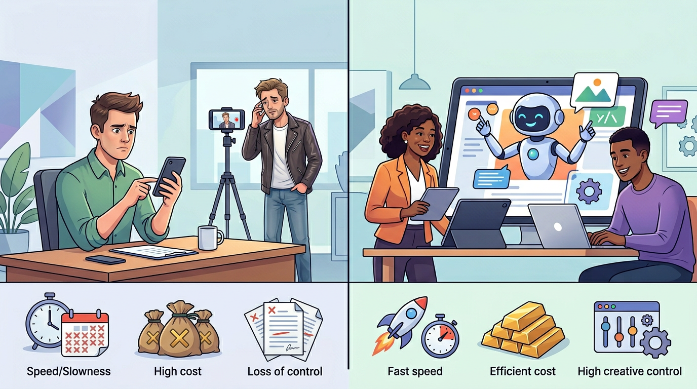A comparison chart highlighting the benefits of AI-driven character content over traditional celebrity video messages.