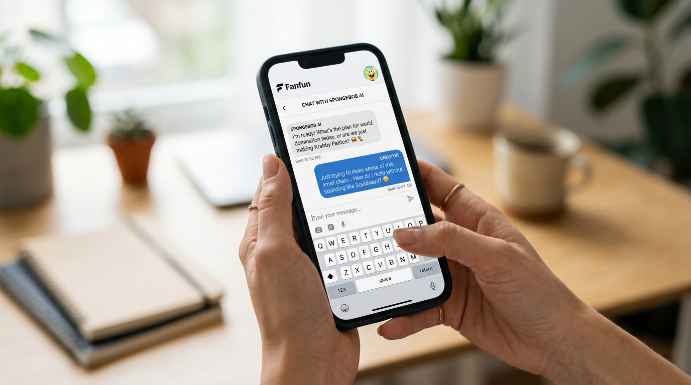 Close up of a mobile device showing an interactive chat with an AI SpongeBob SquarePants.