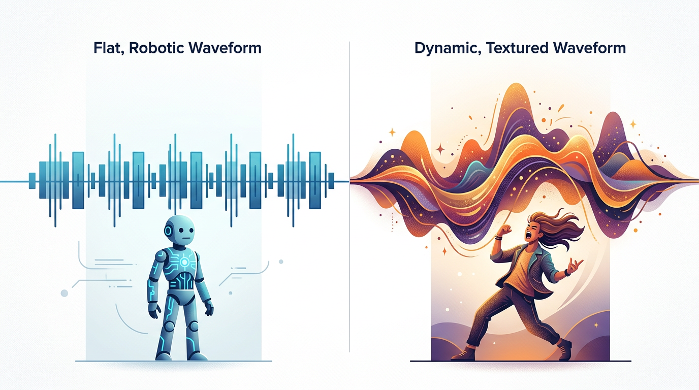 Comparison of flat AI sound waves versus expressive, character-driven AI voice waveforms.