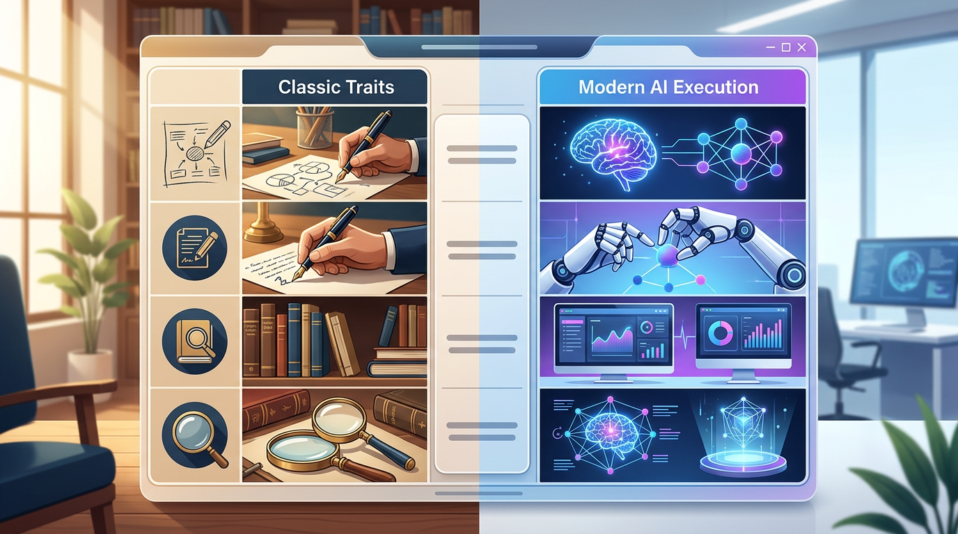 An infographic showing side-by-side comparisons of classic character traits and how to implement them via AI.