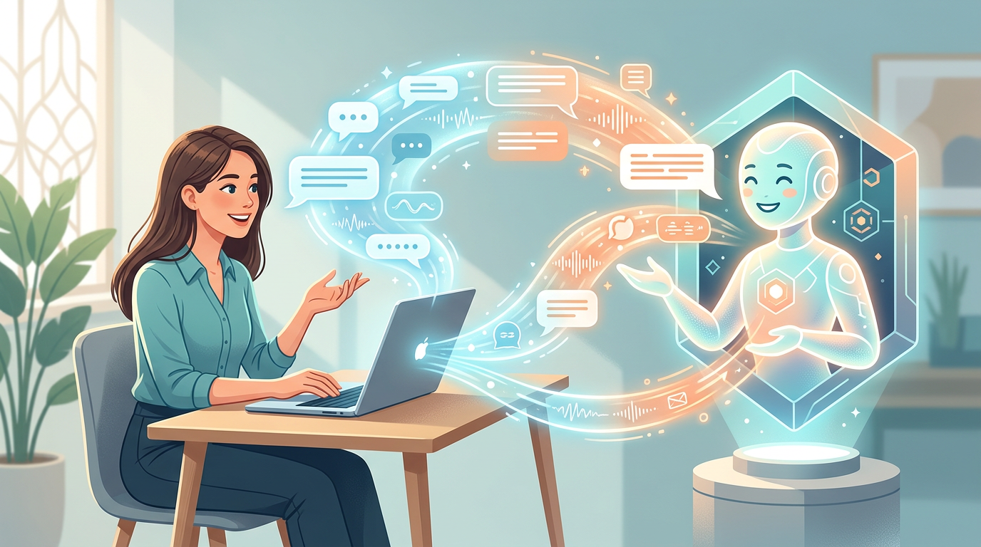 Illustration showing a user interacting with an AI persona on a mobile device.