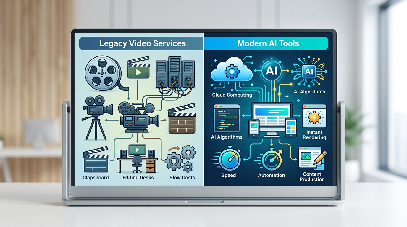A decision matrix table comparing cost, speed, and interactivity for video content creation.