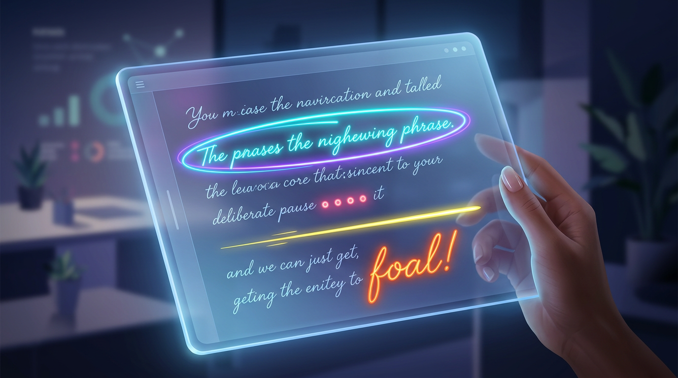 A digital tablet displaying a voiceover script with highlighted punctuation for dramatic pacing.