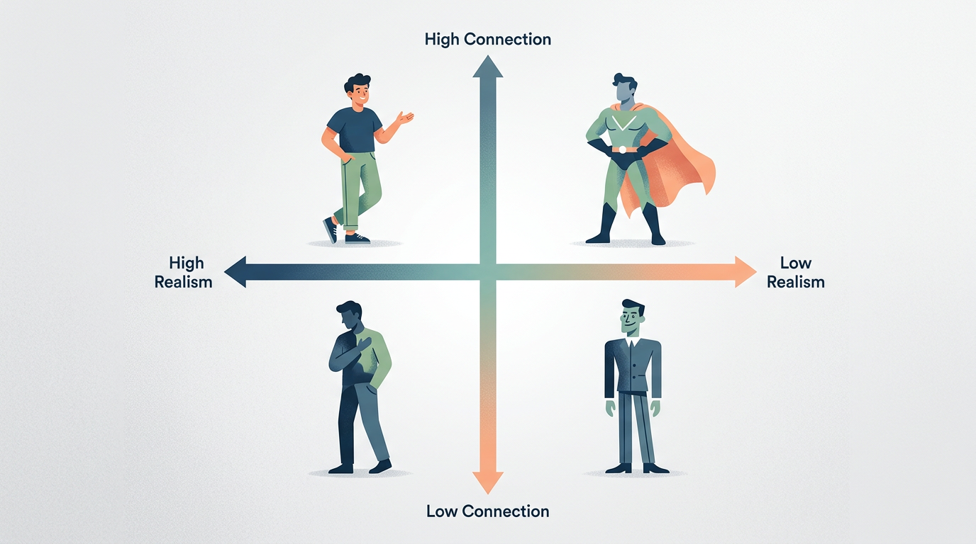 A chart showing the spectrum of content styles from high-energy celebrity to relatable sidekick.