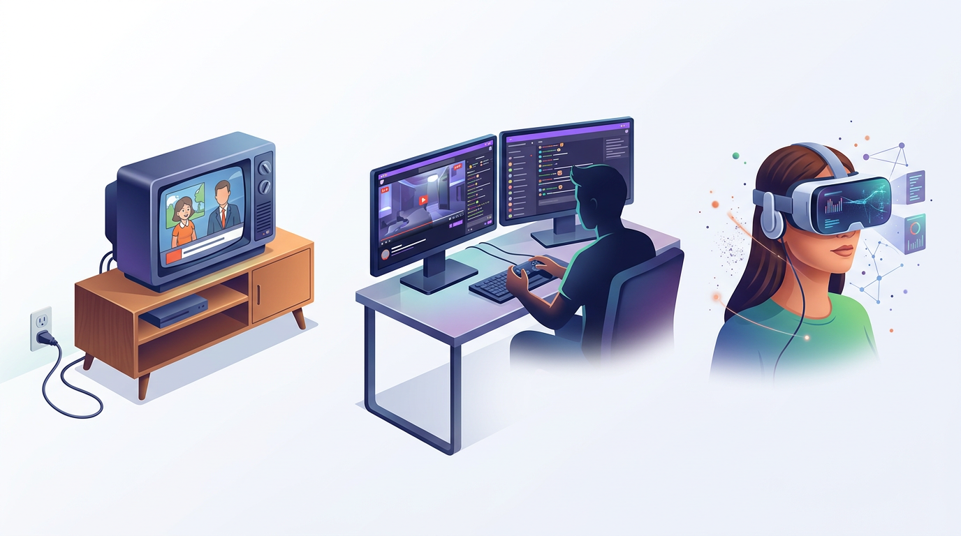 A timeline graphic depicting the evolution of media from traditional broadcasts to interactive AI personas.