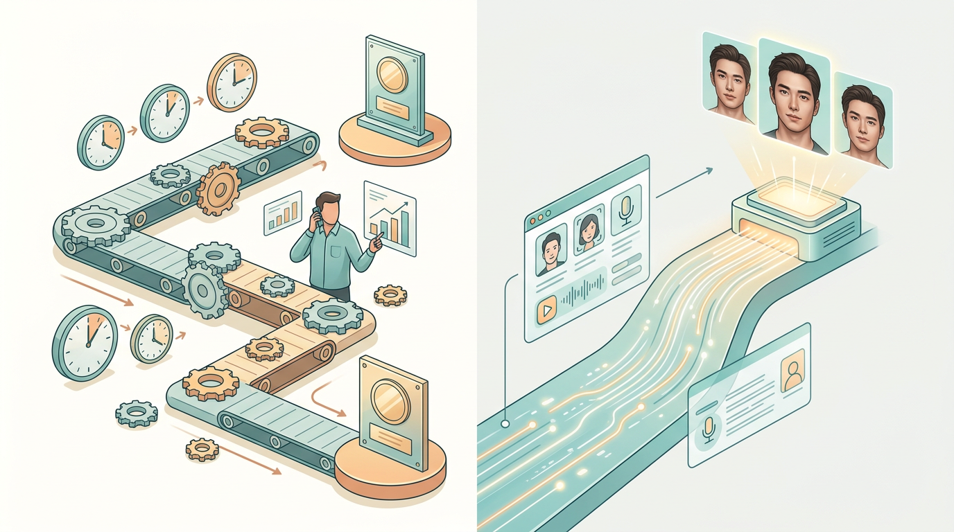 Comparison chart showing the speed advantage of using AI voice generators over traditional celebrity booking.