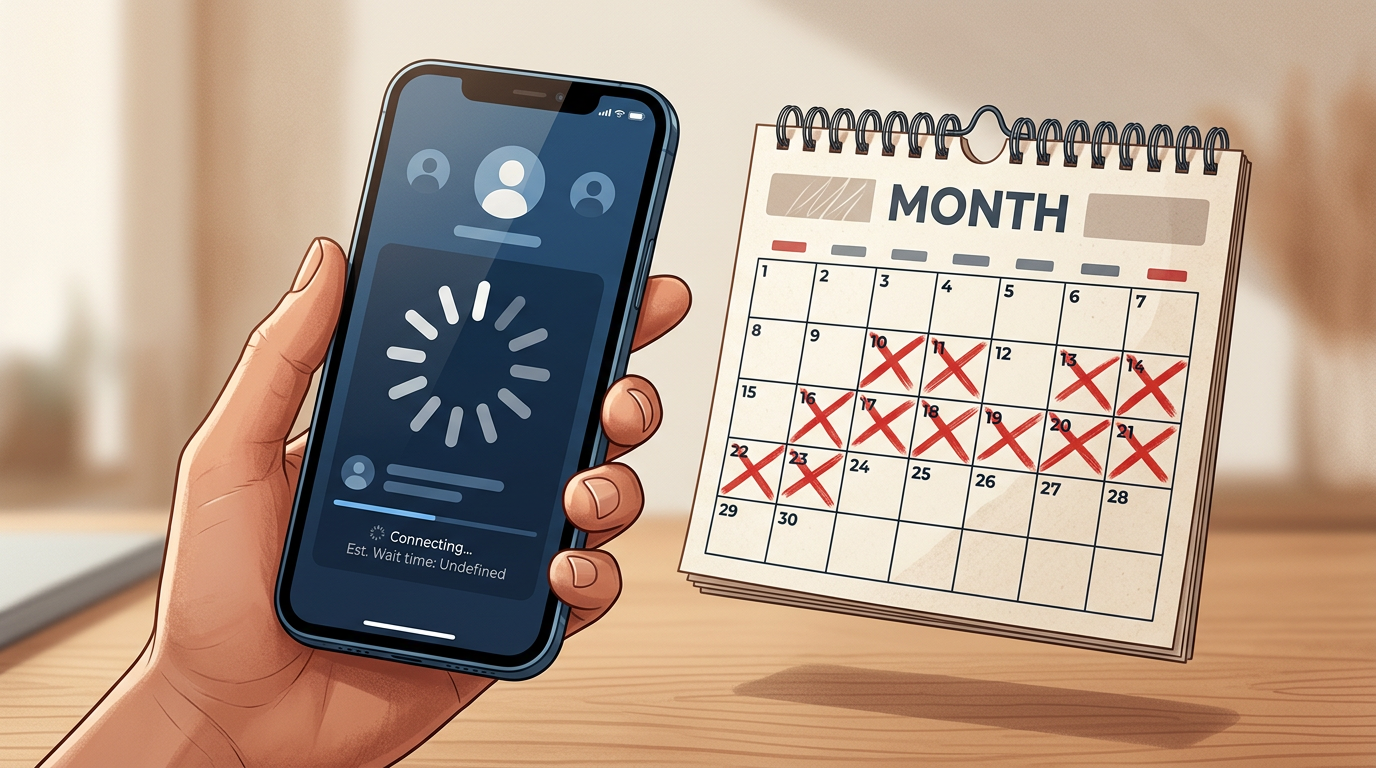 A smartphone displaying a loading icon next to a calendar, illustrating the long wait times for traditional personalized celebrity videos.