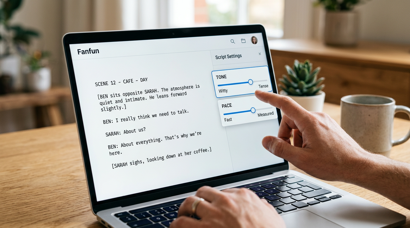 Close up of the Fanfun AI voice generation dashboard showing customization tools.
