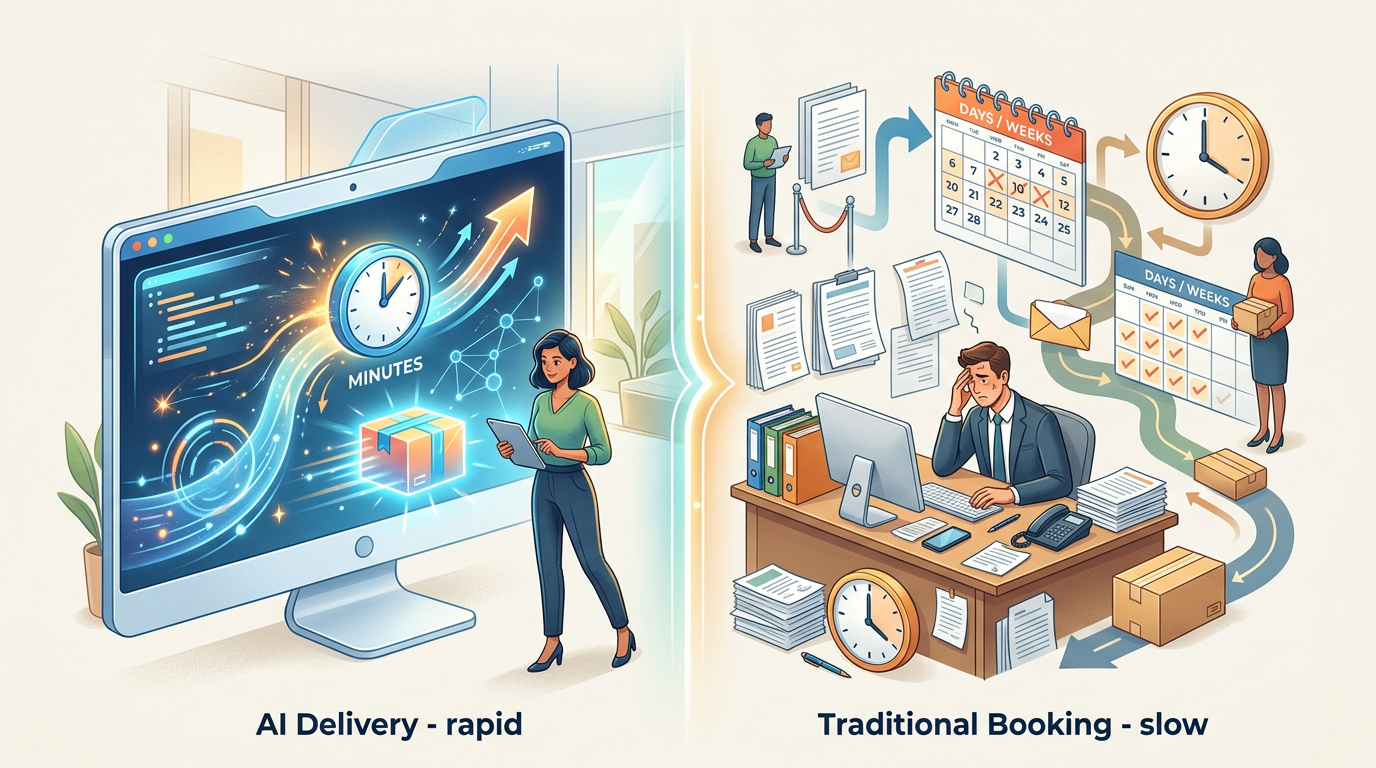 Infographic comparing AI video generation speed to traditional celebrity booking wait times.