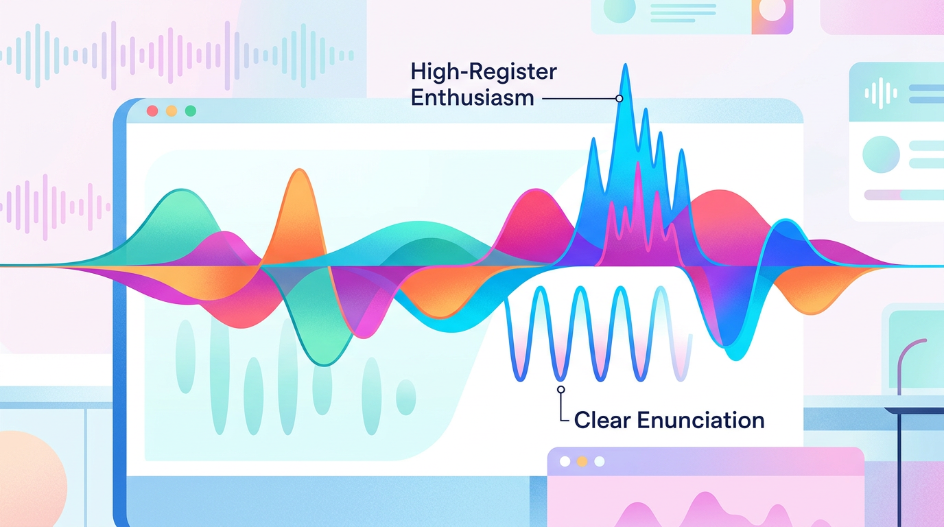 Infographic breaking down the audio waveform and vocal techniques of an energetic animated character voice.