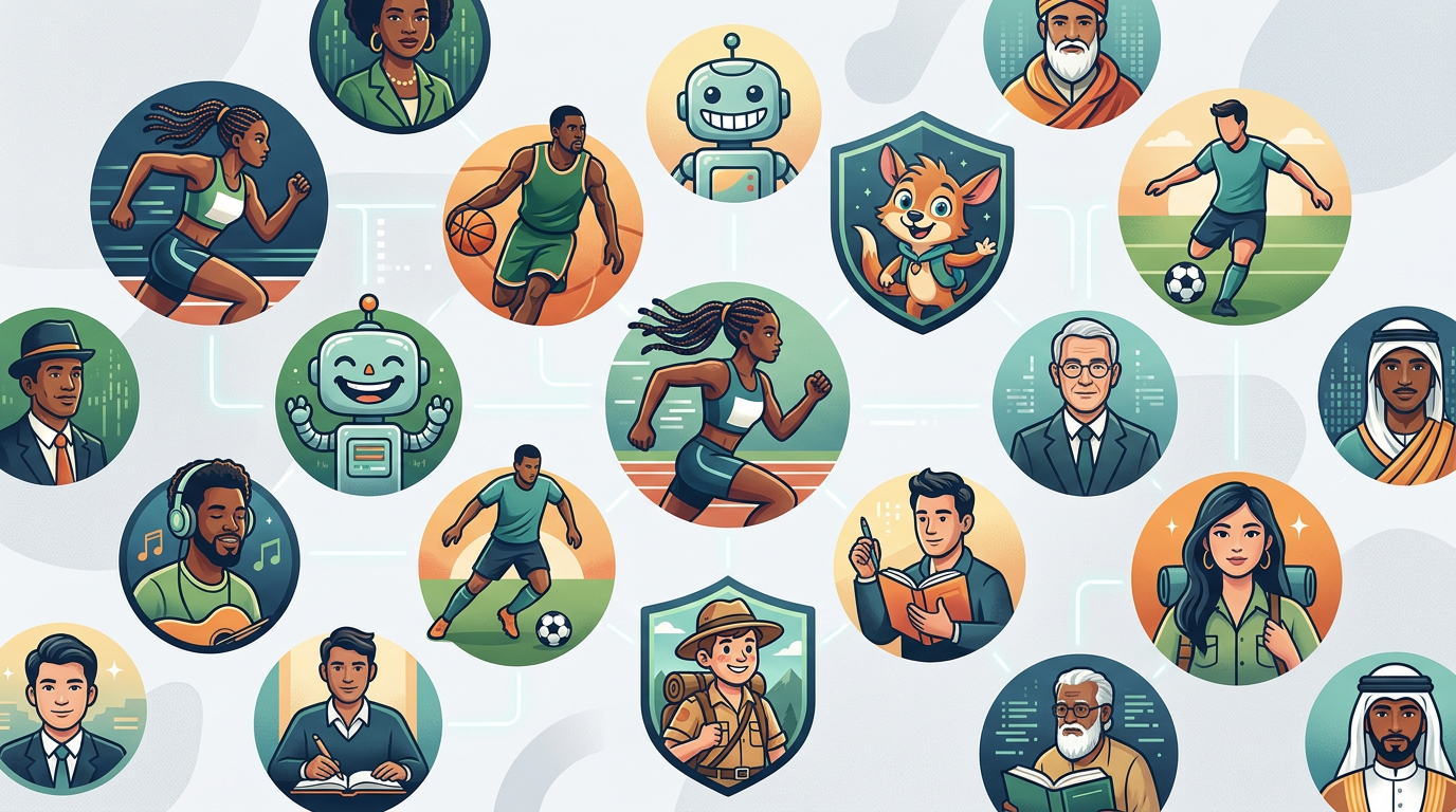 A colorful array of diverse AI personas representing the Fanfun character library.