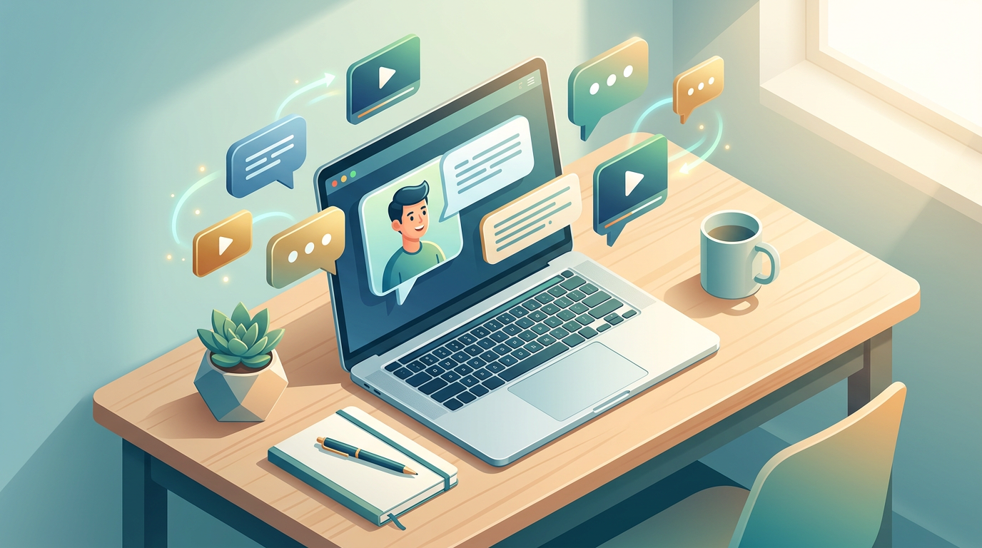 Illustration of a creator using an AI chat interface to interact with a digital character persona.