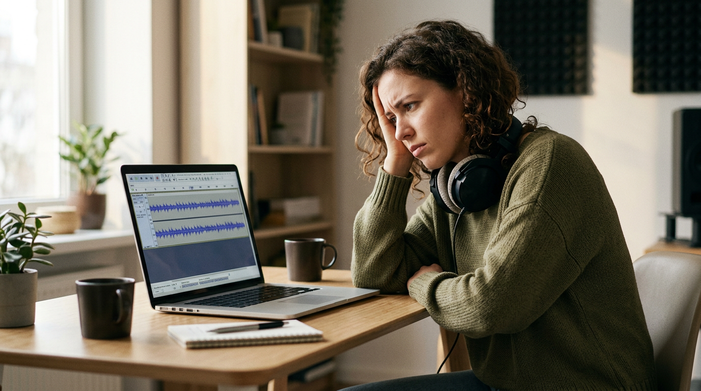 A creator looking at a screen showing flat, uninspiring AI audio waves.