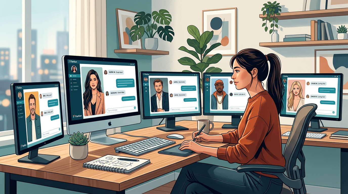 A digital creator managing multiple AI character interactions simultaneously on their monitors.