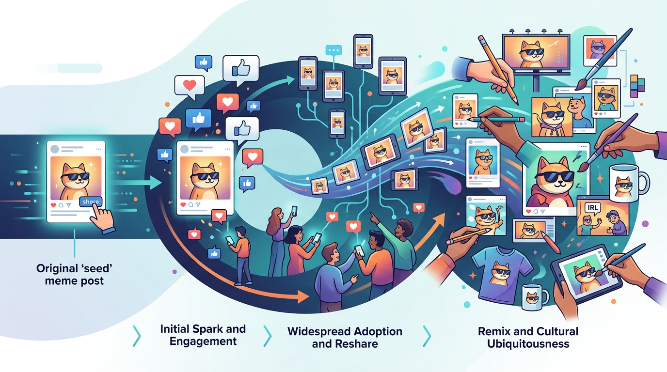 A flow chart showing how viral internet personas evolve from initial creation to widespread remixing.