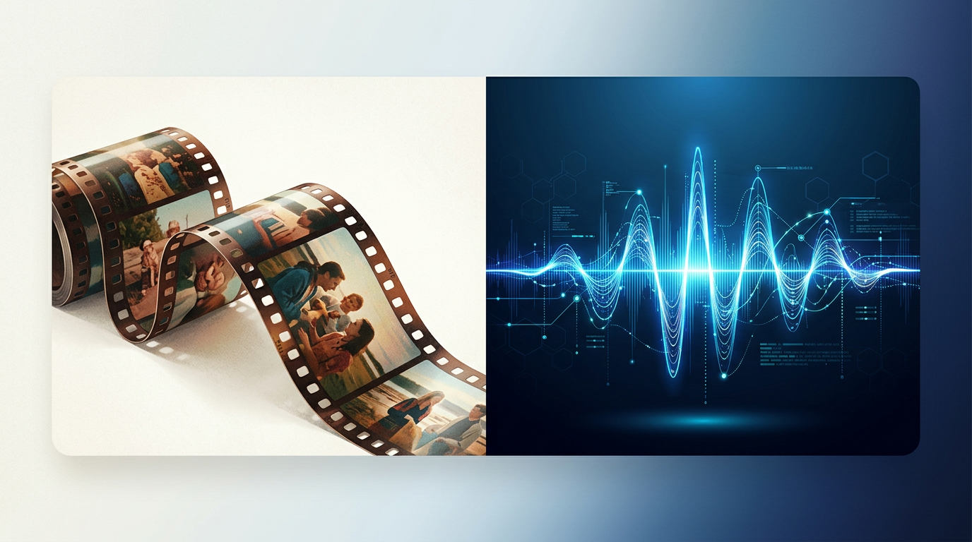 Comparison of vintage film aesthetic and modern AI digital audio representation.