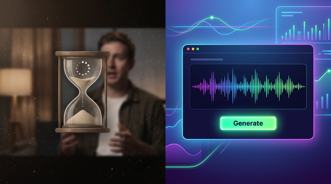 Split screen comparing a slow loading video message to a fast, instant AI generation dashboard.