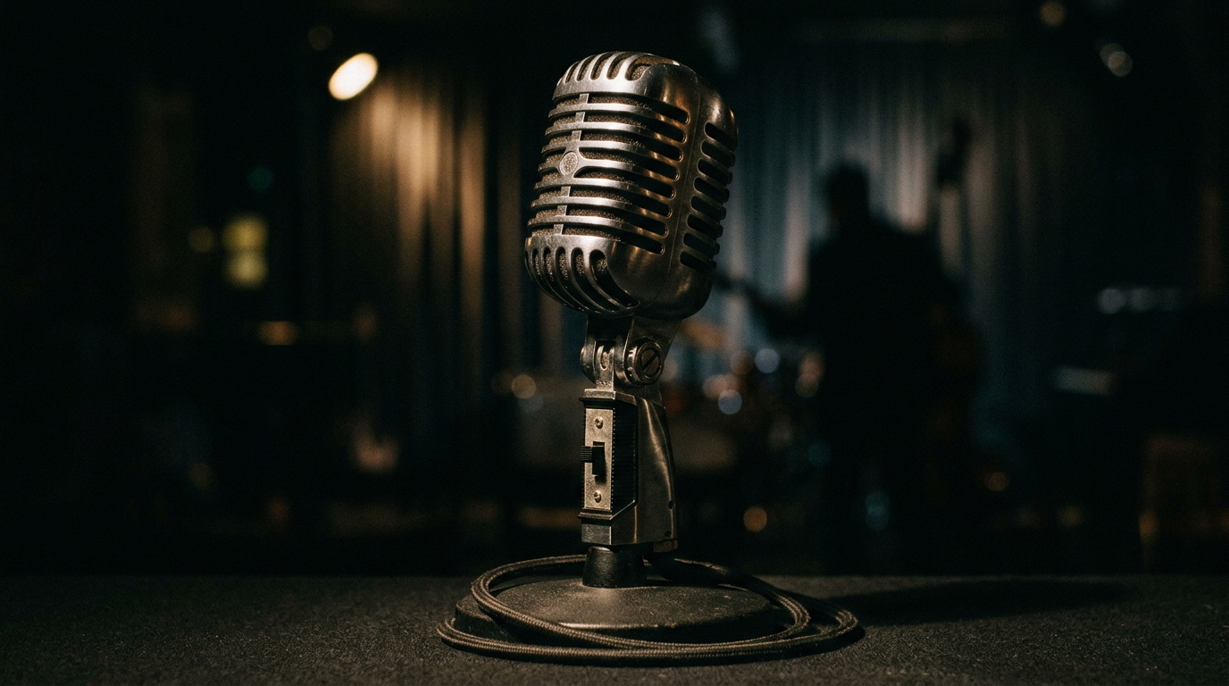 A vintage microphone under dramatic, moody lighting.