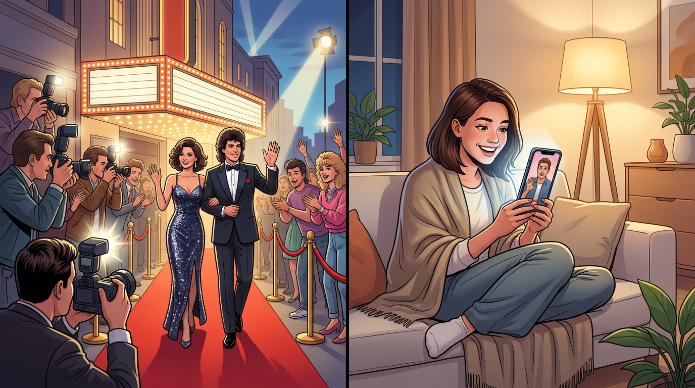 Split screen showing an 80s movie premiere next to a modern fan watching a personalized video on a smartphone.