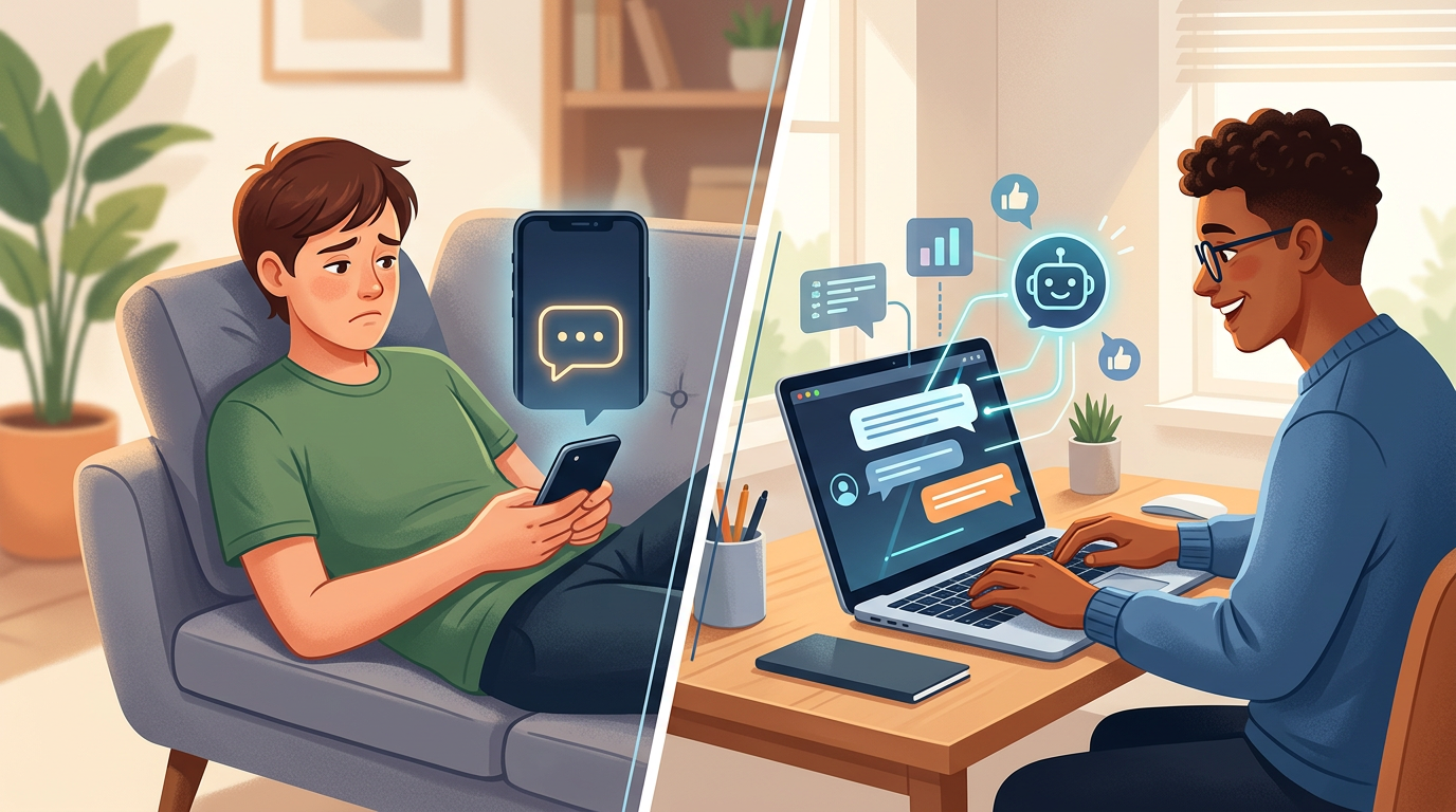 Comparison of traditional social media waiting versus active AI engagement.