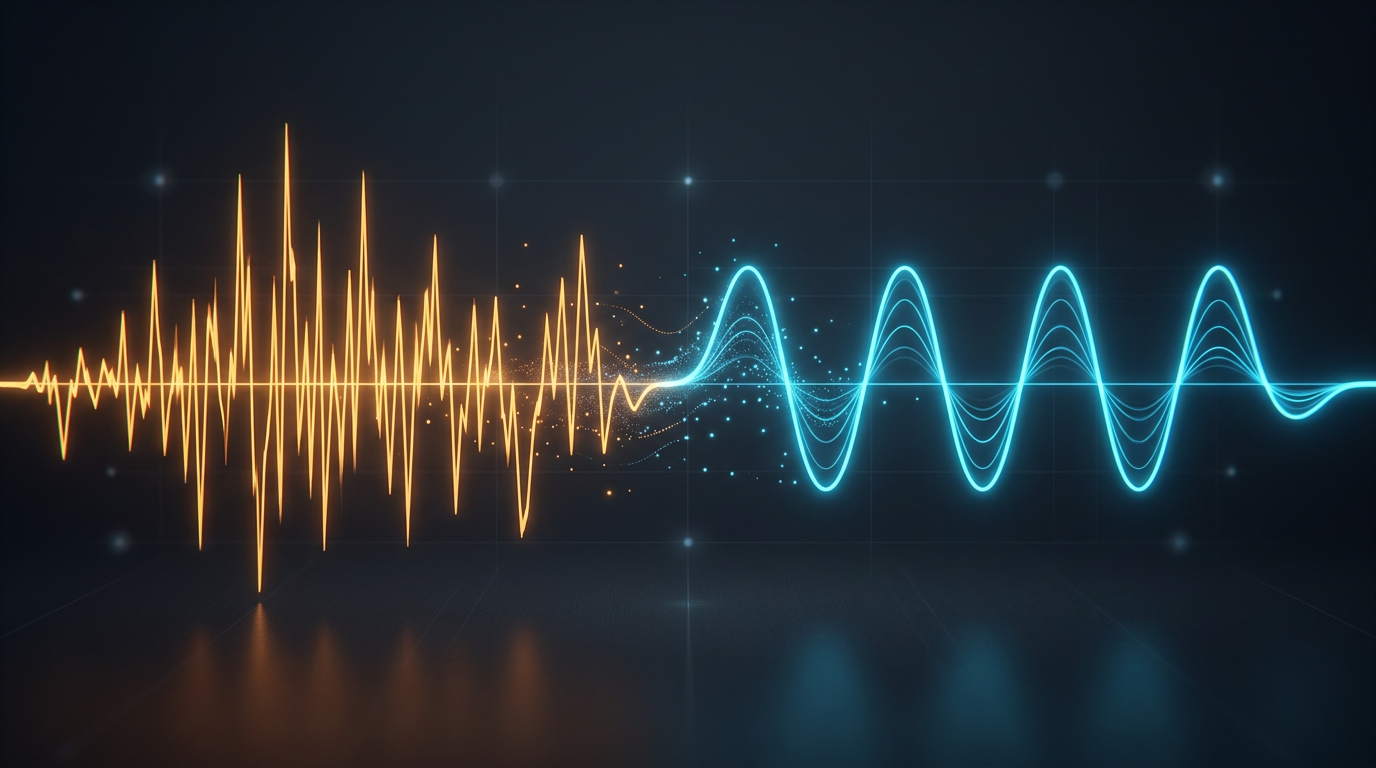 Digital visualization of a clean, rhythmic audio waveform representing AI voice tuning.