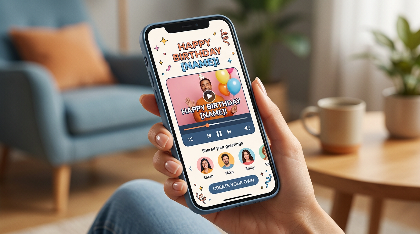 Smartphone interface demonstrating a personalized birthday video created with AI.