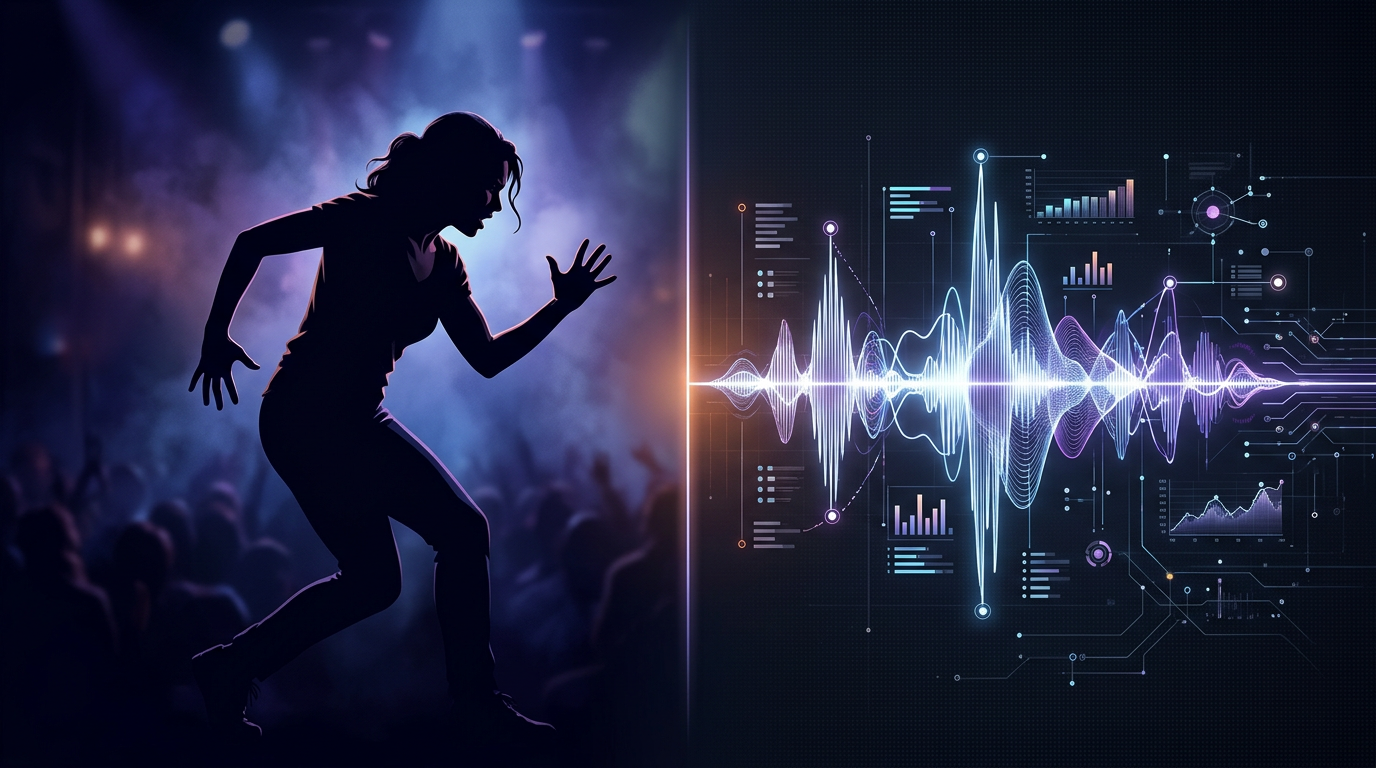 A conceptual graphic representing the translation of dramatic acting intensity into digital AI voice data.