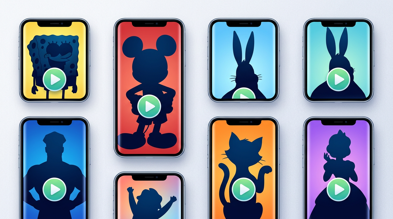 Grid of smartphones displaying different animated characters ready to play a video message