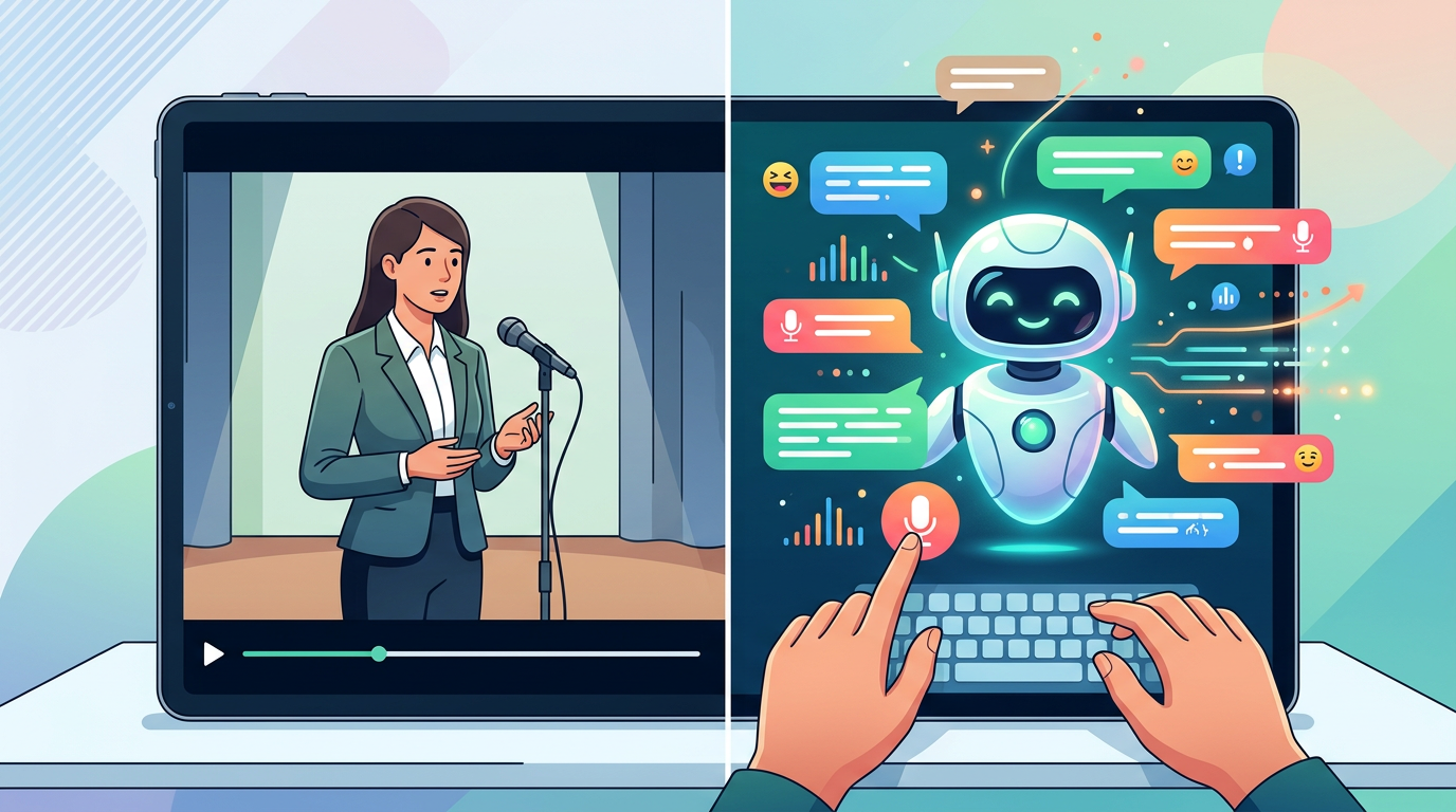 Comparison of static video content versus interactive AI chat experiences.