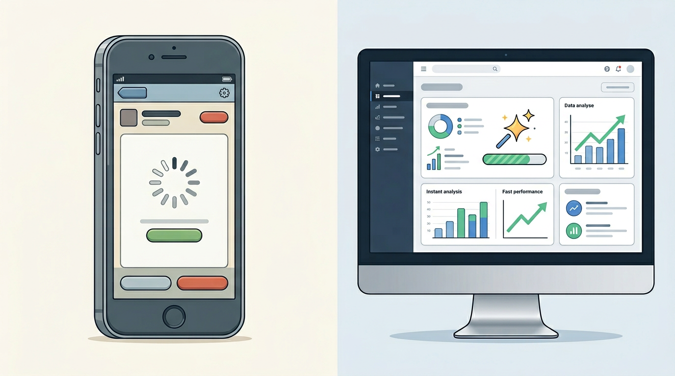 A comparison showing a slow mobile app interface next to a fast, professional AI voice generation web dashboard.