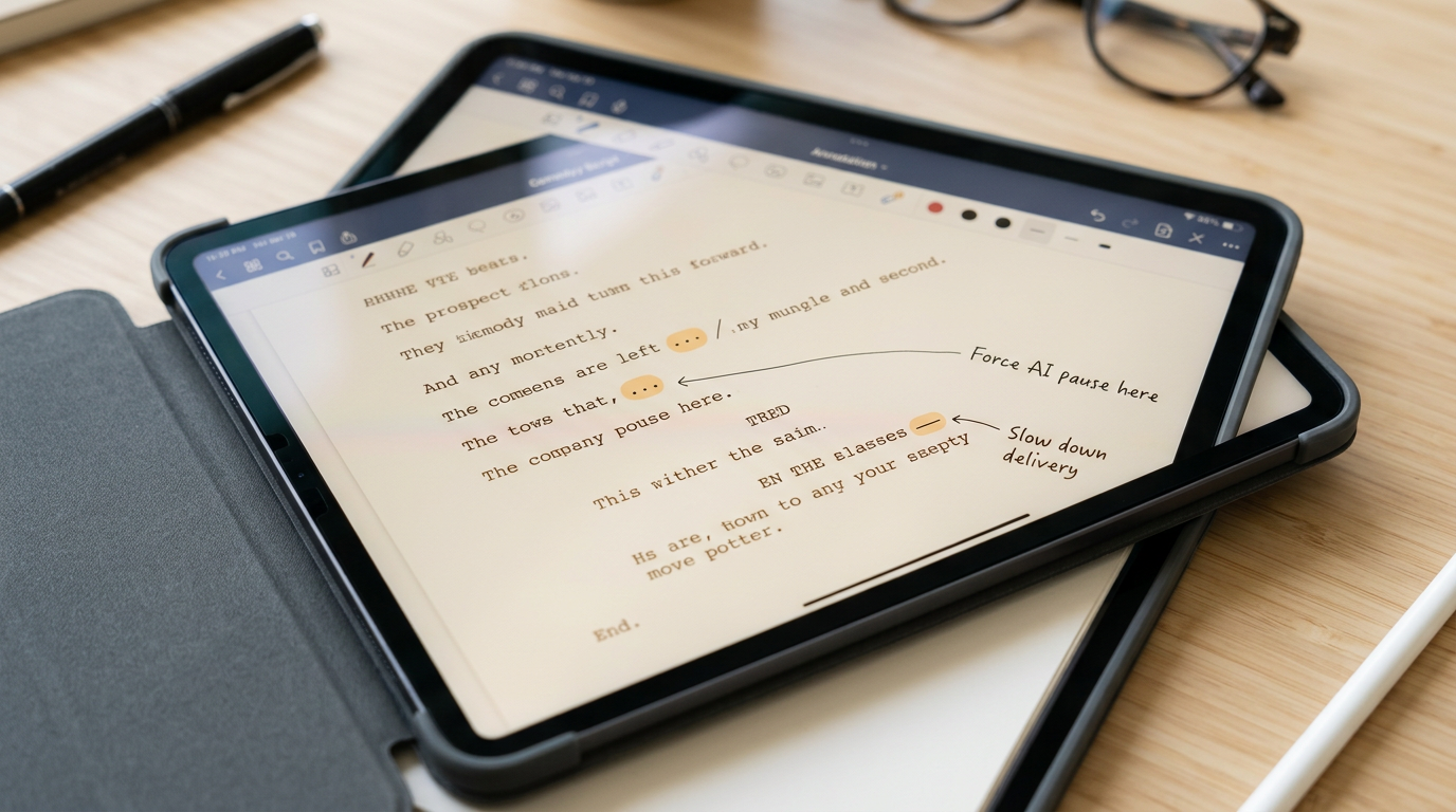 A digital script with annotations showing how to use punctuation to control AI voice pacing.