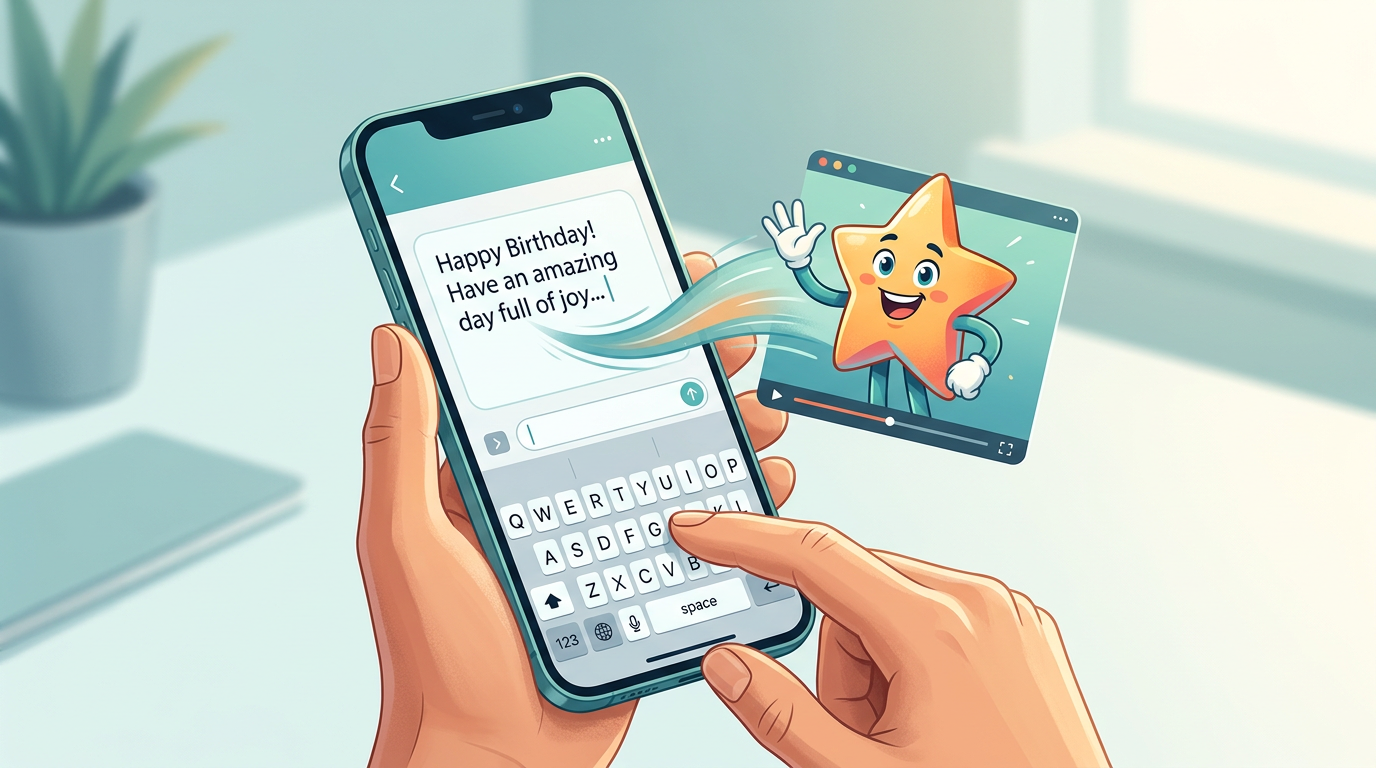 A smartphone interface generating a personalized video message from an animated character.