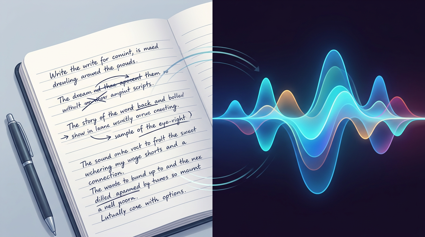 Visual representation of script writing for AI voiceover production.