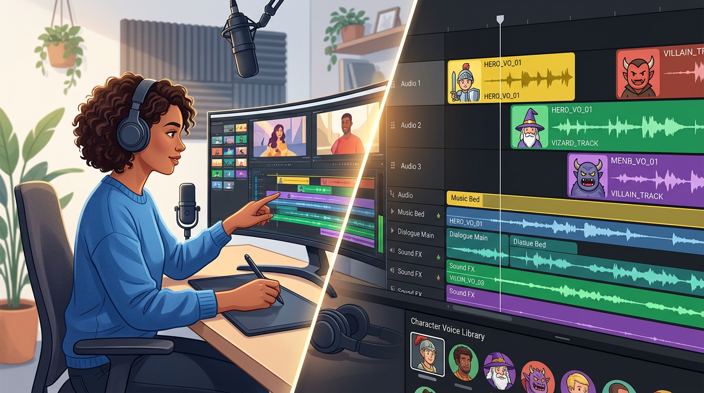 A creator's computer screen showing a video editing software timeline with AI voice clips.