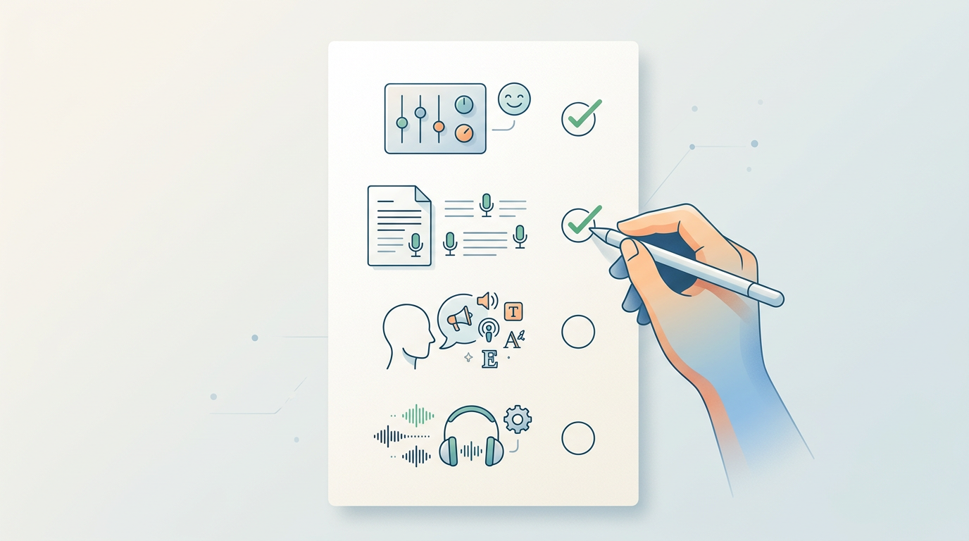 A digital checklist for creators using AI voice generators to capture specific character tones.