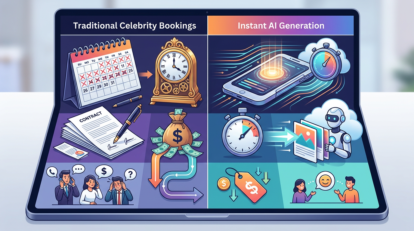 Infographic comparing traditional celebrity bookings to instant AI persona generation.