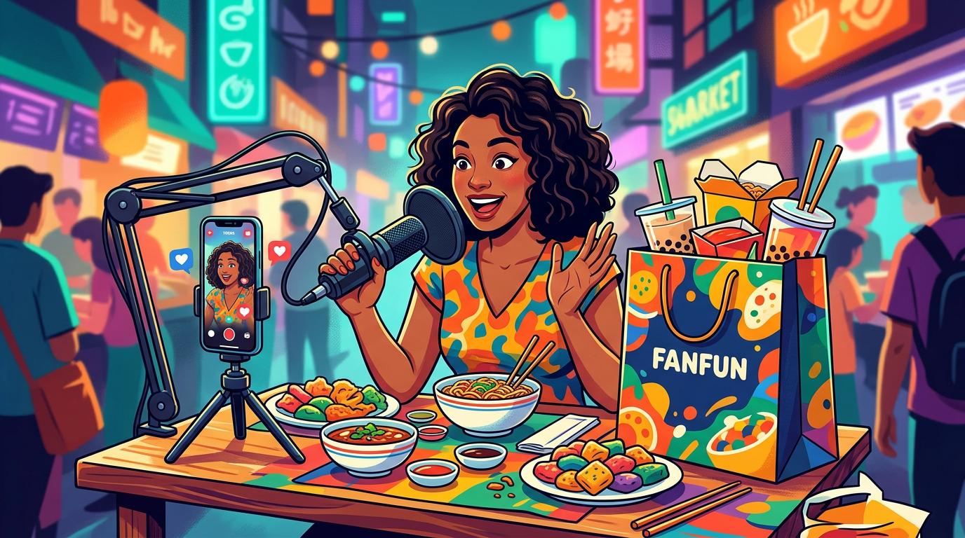 A stylized illustration of a home-studio setup for recording viral reviews.